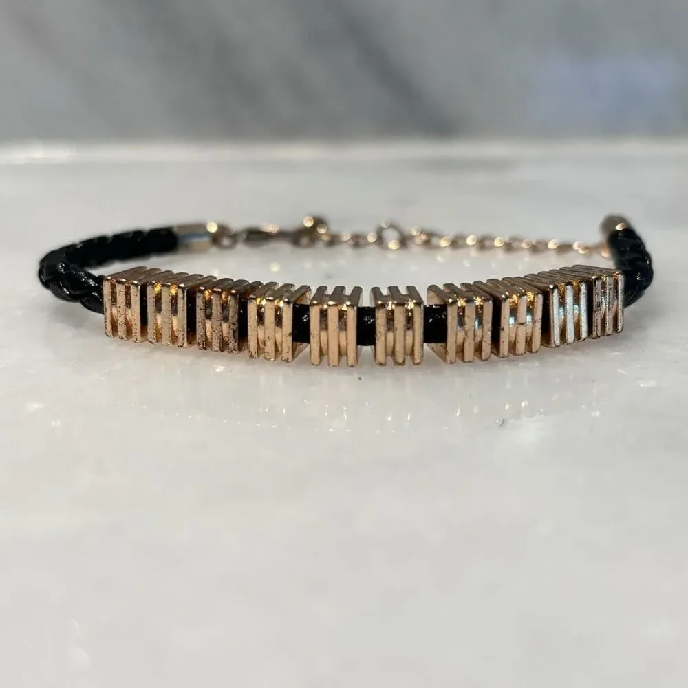 Vtg Zara Braided Rope Leather Cord Linked Square Disc Bracelet Goldtone Black OS